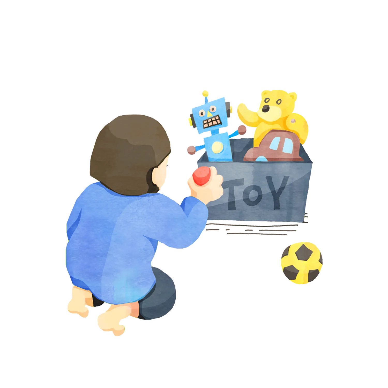 おもちゃ箱におもちゃを片づける女の子のイラスト