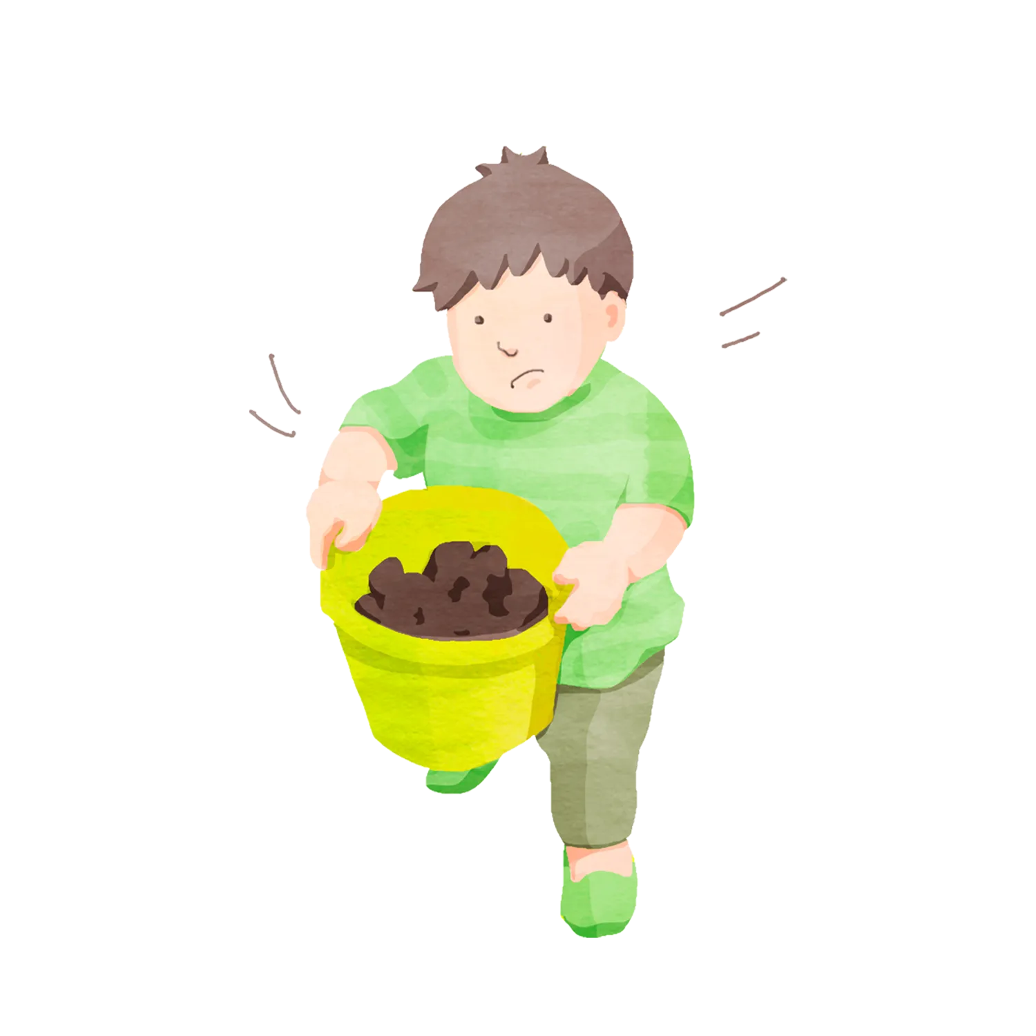 バケツに入れた土を運ぶ男の子のイラスト